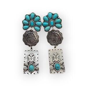 West & Co Turquoise Western Statement Earrings Silver Tone Dangle 3.5”
